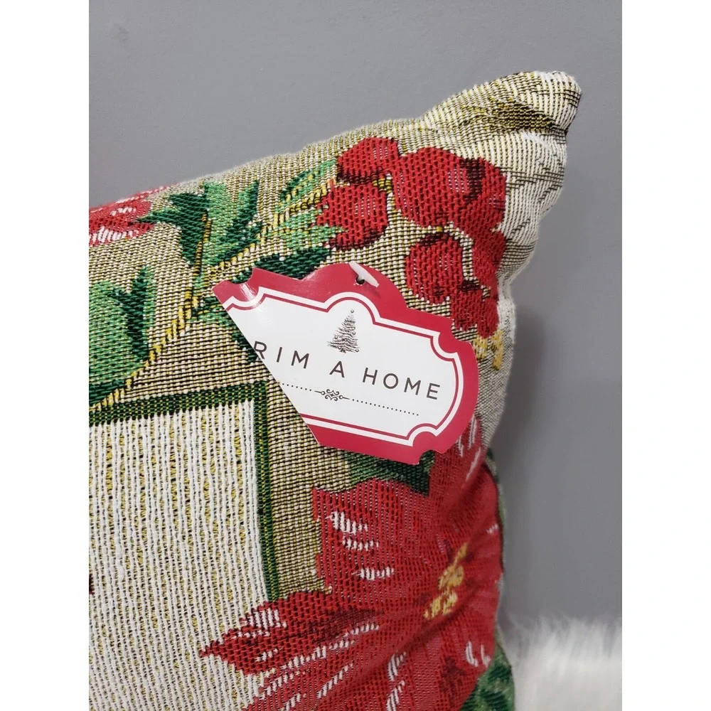 NEW Vintage Christmas Tapestry Rug Throw Pillow Poinsettia‎ Floral Grandma retro